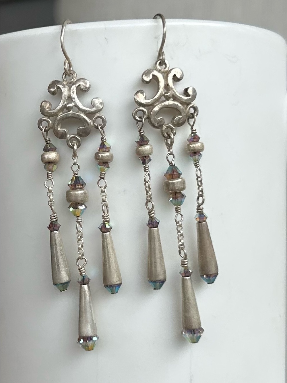 NWOT Sterling Silver-Tone Dangle Earrings with Iridescent Bead Drops